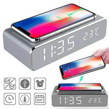 Беспроводное зарядное устройство, будильник, светодиодный цифровой термометр, зарядные устройства для наушников и телефонов, док-станция для быстрой зарядки для iPhone Samsung