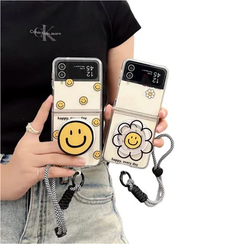 Магнитный складной чехол для телефона с цветочной улыбкой для Samsung Galaxy Z Flip 5 4 3 с ремешком