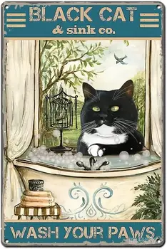 Ibusy Забавная вывеска с изображением черного кота Помойте лапы Металлическая жестяная вывеска Цитата из ванной Винтажная вывеска для ванной винтажный декор стен
