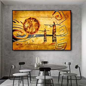 Африканская фигурка, золотой абстрактный пейзаж, живопись на холсте, плакаты и принты, настенная картина Cuadros Art для гостиной Cuadros