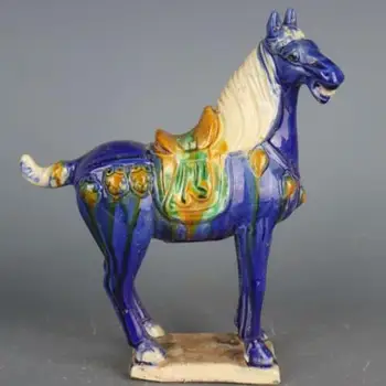 Китайская трехцветная Глазурованная Керамика Тан, Фарфоровая статуэтка синего Боевого коня 8,7 дюйма