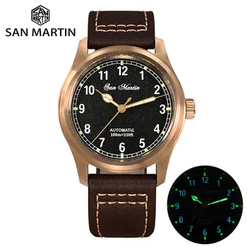 Мужские часы San Martin Cusn8 Bronze, винтажные механические наручные часы в стиле милитари в простом стиле YN55, 100 м, водонепроницаемые, светящиеся