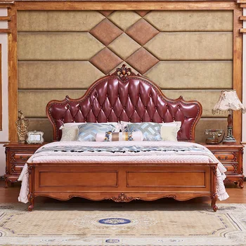 Мебель для спальни, европейская кровать, кровать из цельного дерева, американская кожаная двуспальная кровать, современная простая свадебная кровать