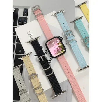 Холщовый нейлоновый ремешок для часов Apple Watch8 7 6 5 4, узкий поясной браслет, ремешок для часов iWatch Ultra 49 мм, плетеный нейлоновый ремешок с тремя пряжками