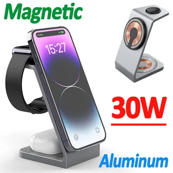 Магнитная Беспроводная Зарядная Подставка 3 в 1 мощностью 30 Вт для iPhone 14 13 12 Pro Max Apple Watch Прозрачная Быстрая Беспроводная Зарядная Станция