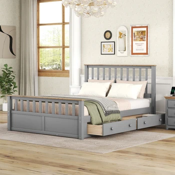 Классический стильный дизайн, деревянная кровать-платформа с двумя выдвижными ящиками и деревянной планкой, прочная и долговечная, подходит для спальни