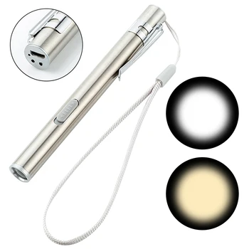 Портативный из нержавеющей стали с мини-USB-аккумулятором, белый + теплый свет, карманный фонарик для медсестер, ручка для кемпинговых врачей
