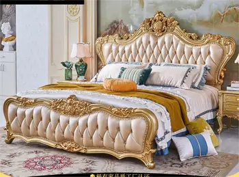 Двуспальная кровать в европейском стиле, мягкая роскошная вилла, 2 метра, 1,8 метра, кожаная двуспальная кровать, главная спальня, свадебная кровать из массива дерева, резное золото