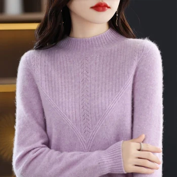 новый женский бесшовный пуловер с полувысоким вырезом, свитер из 100% шерсти мериноса, модный короткий свободный свитер с длинным рукавом, теплый и мягкий