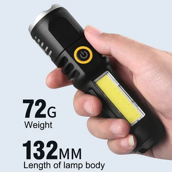 Водонепроницаемый фонарик с телескопическим зумом XPE COB LED, мощный фонарик Type-C, зарядка через USB, яркая вспышка, 4 режима для наружного использования.