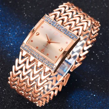 Модные кварцевые часы с широким ремешком и бриллиантами, повседневные квадратные цифровые роскошные женские часы из розового золота и стали Reloj Para Mujer