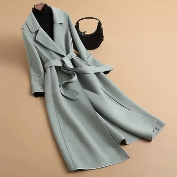 2023 Новое модное двустороннее шерстяное пальто, Женская верхняя одежда, осень-зима, Корейская тонкая Длинная шерстяная куртка на шнуровке, Женское пальто