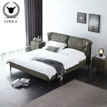 Итальянская минималистичная кожаная кровать, современная минималистичная кожаная кровать в главной спальне, роскошная кожаная кровать с двойным изголовьем Nordic Light
