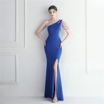 Роскошное элегантное расшитое бисером длинное синее платье с косым вырезом на одно плечо и разрезом для вечернего показа DongCMY 19996
