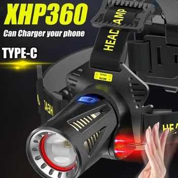 800 Вт XHP360 Светодиодный налобный фонарь, датчик увеличения, фара, USB Перезаряжаемый головной фонарик, открытый Водонепроницаемый Аварийный блок питания для рыбалки