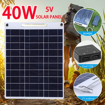Солнечная пластина мощностью 40 Вт, водонепроницаемая солнечная панель мощностью 5 В, портативное зарядное устройство с двумя USB-батареями, зарядка солнечных батарей для кемпинга на открытом воздухе