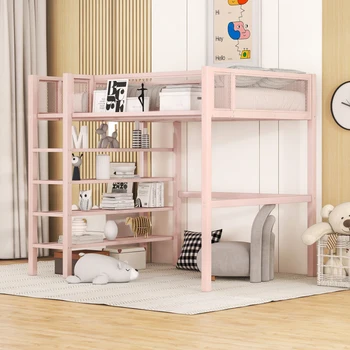 Розовая двухразмерная металлическая кровать-чердак с 4-ярусными полками и местом для хранения, легко монтируется для мебели для спальни в помещении