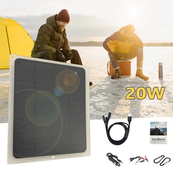 Солнечная панель мощностью 20 Вт, портативная солнечная батарея USB 5 В/18 В, наружный аккумулятор для зарядки телефона для езды на велосипеде, кемпинга, пешего туризма, скалолазания, рыбалки