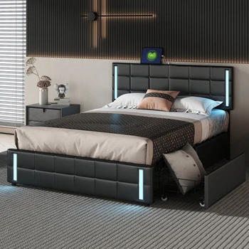 Кровать-платформа со светодиодной подсветкой и USB-зарядкой, кровать для хранения с 4 ящиками, черная