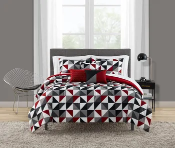 Красная геометрическая кровать из 10 предметов в мешке с простынями и 3-мя подушками, Queen