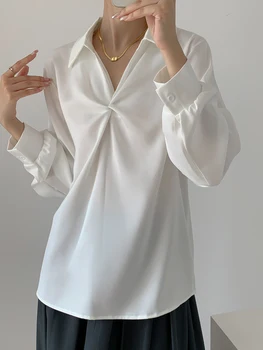 Корейская версия, атласная рубашка с отворотом в стиле cute sweet style, атласный ветрозащитный топ для женщин, легкий, зрелый, в гонконгском стиле.