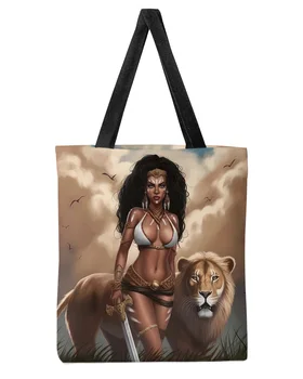 Женщина-Степной лев Первобытного племени, женская сумка-тоут большой емкости для покупок, Многоразовые студенческие сумки на плечо, Женская леди