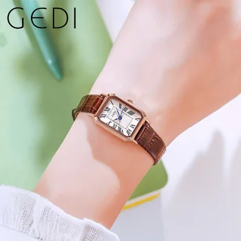 Женские наручные часы GEDI Fashion с прямоугольным циферблатом, роскошный бренд, Римский циферблат, кожаный ремешок, водонепроницаемые женские часы, Женские часы