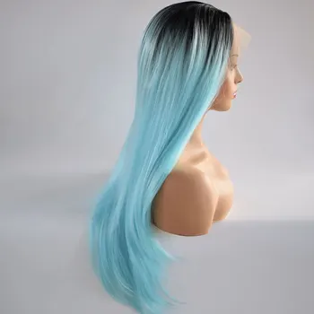 Парик из прямых синтетических волос с кружевом спереди, Черное Омбре, Небесно-голубое, волосы из термостойких волокон, натуральная линия роста волос, средний пробор для женщин