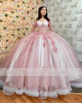 ANGELSBRIDEP Розовое Кружевное Бальное платье Quinceanera Dresses 2023 С Открытыми Плечами, Хрустальные Аппликации, Милое 16 Платье На шнуровке, Vestido 15 Anos