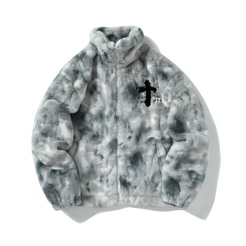 Американская ретро Градиентная вышивка крестиком с буквами, зимняя флисовая куртка, пальто, уличная одежда, пальто из кроличьего меха Harajuku, верхняя одежда на молнии