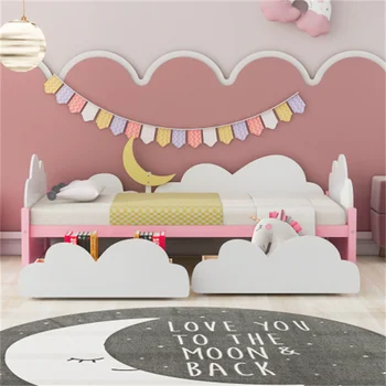 Кровать Twin Size с облаками и декором в виде полумесяца, кровать-платформа с 2 выдвижными ящиками, прочная, подходит для мебели для спальни