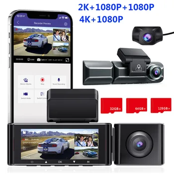 Новейший Dash Cam 3-Канальный Автомобильный Видеорегистратор 4K + 1080P Автоматическая Видеокамера, Встроенный WiFi GPS с 32 ГБ/ 64 ГБ/128 ГБ SD-картой ИК Ночного видения