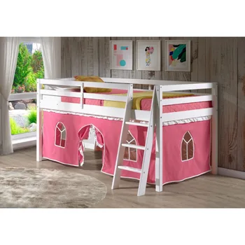 Детская кровать-чердак Alaterre Roxy Junior белая, розовая с белой отделкой палатка