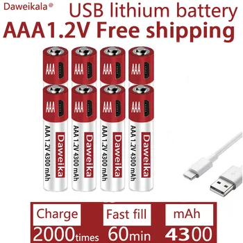AAA USB зарядка 1,2 В AAA 4300 мАч перезаряжаемая литиевая батарея для сигнализации пистолет пульт дистанционного управления мышь игрушечный аккумулятор + бесплатная доставка