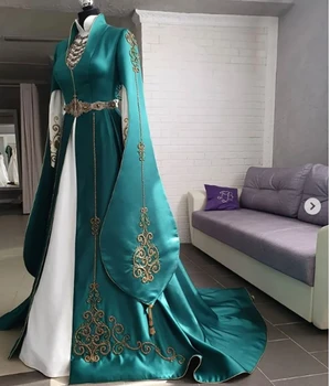 Вечерние платья Кавказского национального цвета, рукава-накидки, Золотая Вышивка, Элегантный мусульманский Атласный кафтан с высоким воротником, Выпускное платье