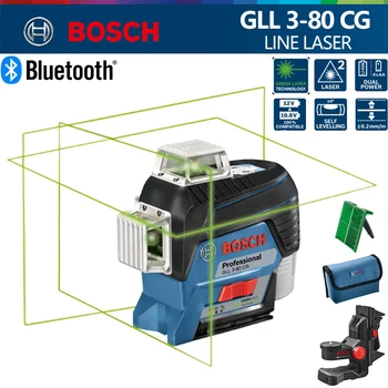 Bosch Профессиональный лазерный уровень Bluetooth GLL 3-80 CG, 12 линий, лазерный измеритель зеленой проекции, самовыравнивающиеся лазеры, измерительный инструмент