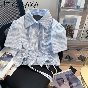 Французская шикарная Клетчатая рубашка с короткими завязками, Нишевая Женская блузка с короткими рукавами, Модный Однобортный топ в стиле пэчворк с рюшами