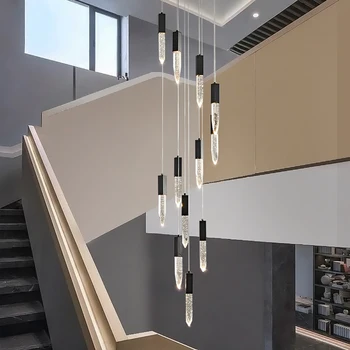 Современная потолочная люстра в стиле Лофт, Роскошный дизайн, гостиная, светодиодная лампа с пузырьковым кристаллом, лестница в высоком холле, Черный Подвесной светильник