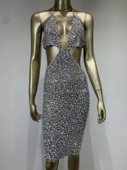 Летние женские Роскошные Блестящие ремешки с кристаллами и бриллиантами, Эластичное Сексуальное платье с открытой спиной, вечернее платье, костюм для выступления на сцене.