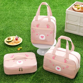 Розовая сумка для ланча для детей и женщин, новые портативные термосумки для еды на молнии с прозрачным передним карманом, утолщенный мультяшный ланч-бокс