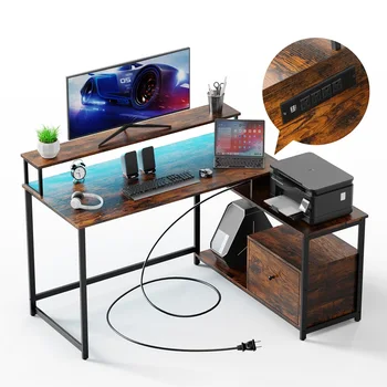Мебель для дома, Офисный компьютерный стол, L-образный Рабочий кабинет, Письменный игровой стол, Столы с ящиком для файлов, светодиодная розетка, Стол для ноутбука