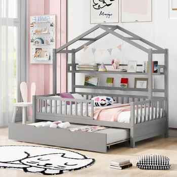 Серая деревянная двухспальная кровать с выдвижным ящиком, детская кровать с полкой, легко монтируется для внутренней мебели для спальни