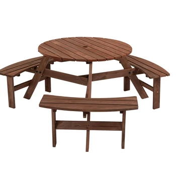 Открытый круглый деревянный стол для пикника на 6 персон с 3 встроенными скамейками для внутреннего дворика и сада на заднем дворе, коричневый