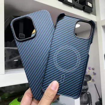 Горячее натуральное арамидное волокно Carbon для iPhone 14 Pro Max Magsafe Магнитная беспроводная зарядка Задняя крышка для чехла 14 Plus