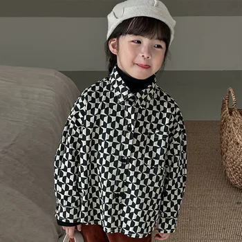 Блузки, Детская одежда, Осенняя Новая Рубашка для мальчиков и девочек, свободное Красивое Корейское Детское пальто с отложным воротником и принтом Cool