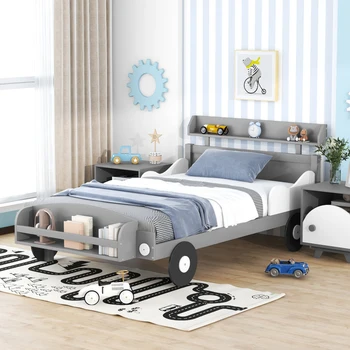 Кровать-платформа Twin Size уникального дизайна в форме автомобиля, двуспальная кровать с полкой для хранения в спальне, простая и удобная