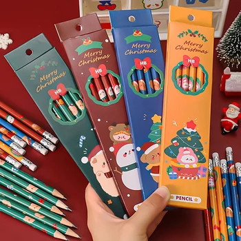 Быстрая доставка 6 шт./лот, Рождественские карандаши в штучной упаковке, набор ручек для рисования, деревянный HB с резиновыми канцелярскими принадлежностями