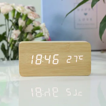 2021 Креативный умный светодиодный деревянный электронный будильник со светящейся температурой отключения звука, будильник с двойным дисплеем, деревянные часы usb