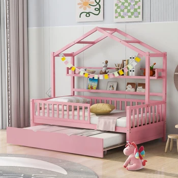Деревянная домашняя кровать Twin Size с выдвижным ящиком, Детская кровать с полкой, Легко монтируемая для внутренней мебели спальни, Розовый