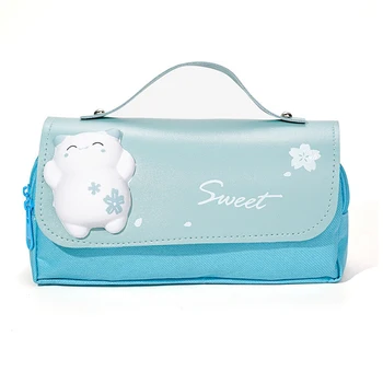 Декомпрессионный пенал с милым котом, большой пенал, переносная сумка для ручек для девочек, двухслойная школьная сумка, синий